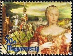 Colnect-573-325-Queen-Maria-Theresia-and-a-rider-from-Royal-Horse-Guard.jpg