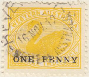 Colnect-2377-979-Black-Swan-Cygnus-atratus--Surcharge--quot-ONE-PENNY-quot-.jpg