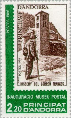 Colnect-142-055-French-postman-in-front-of-St-Joan-de-Caselles.jpg